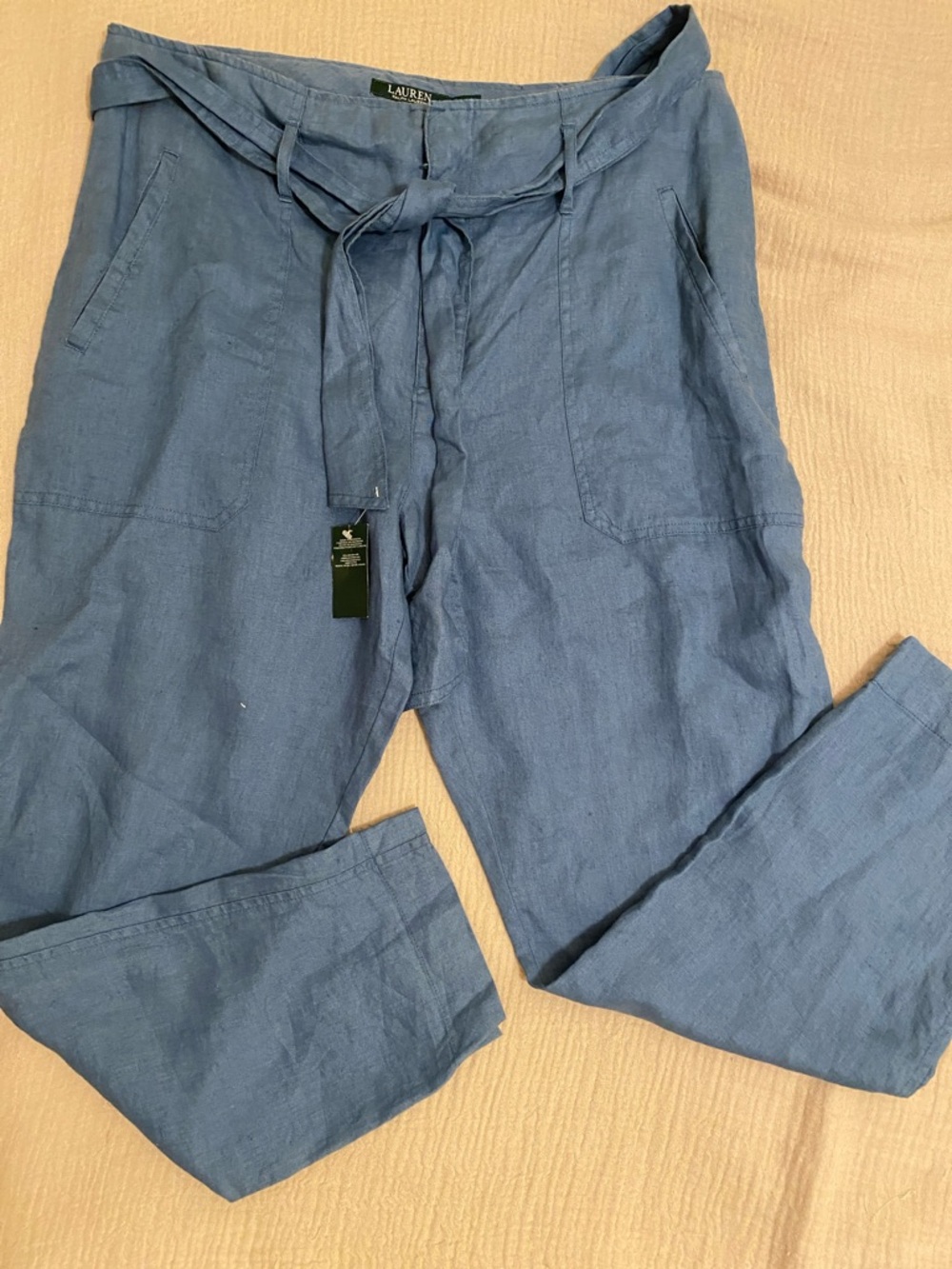 Ralph Lauren Blue Linen  Tie-Waist Pants . Size 12 . New